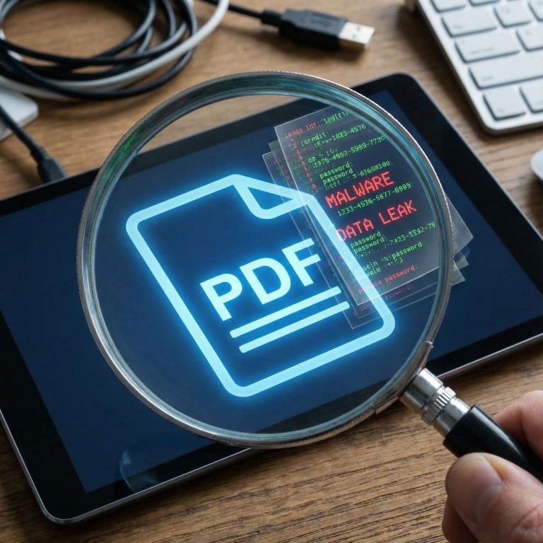 PDF 아이콘 위에 놓인 돋보기로 문서 속에 숨겨진 악성코드와 데이터 유출이 드러나는 모습입니다.