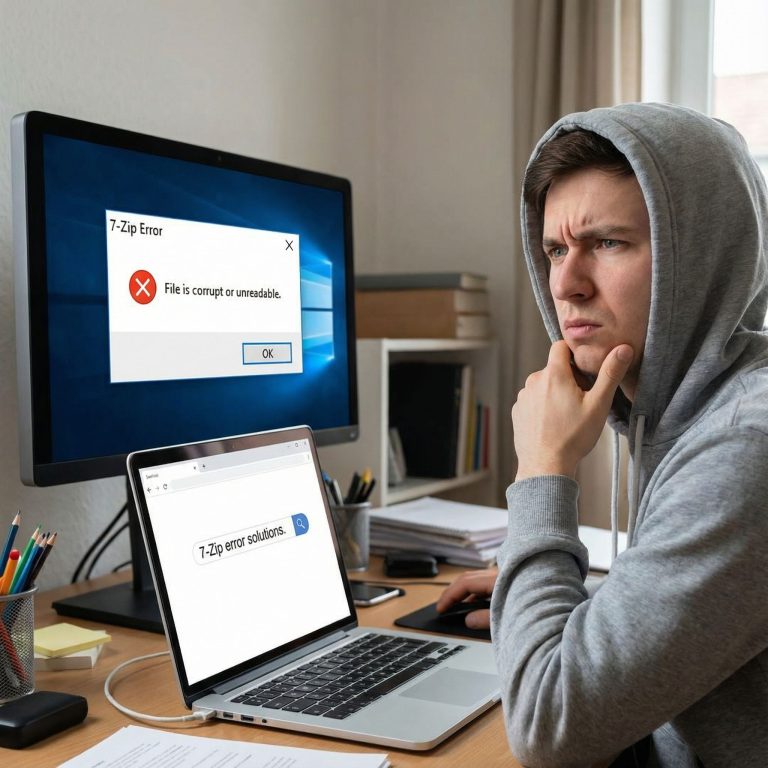 검은 화면에 흰 글씨의 오류 메시지가 뜬 컴퓨터를 보며 당황한 사람이 해결책을 찾아 인터넷을 검색하는 모습이다.