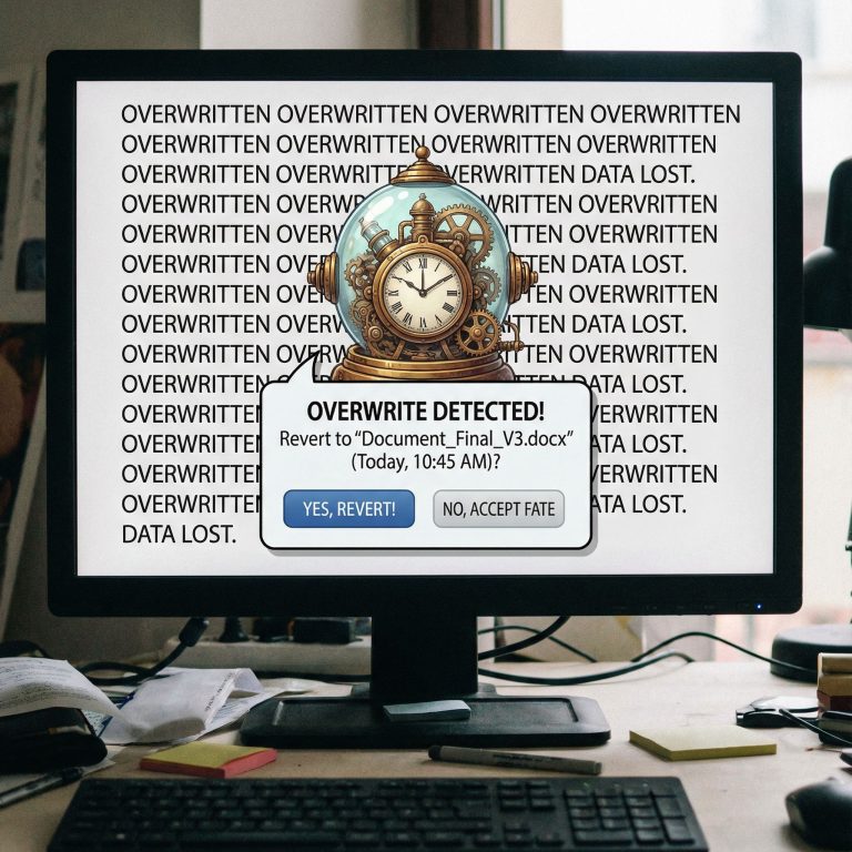 검은 바탕의 컴퓨터 화면에 덮어쓰기 된 문서가 보이며, 옆에는 시계 모양 아이콘을 눌러 이전 버전으로 되돌릴 수 있음을 알립니다.