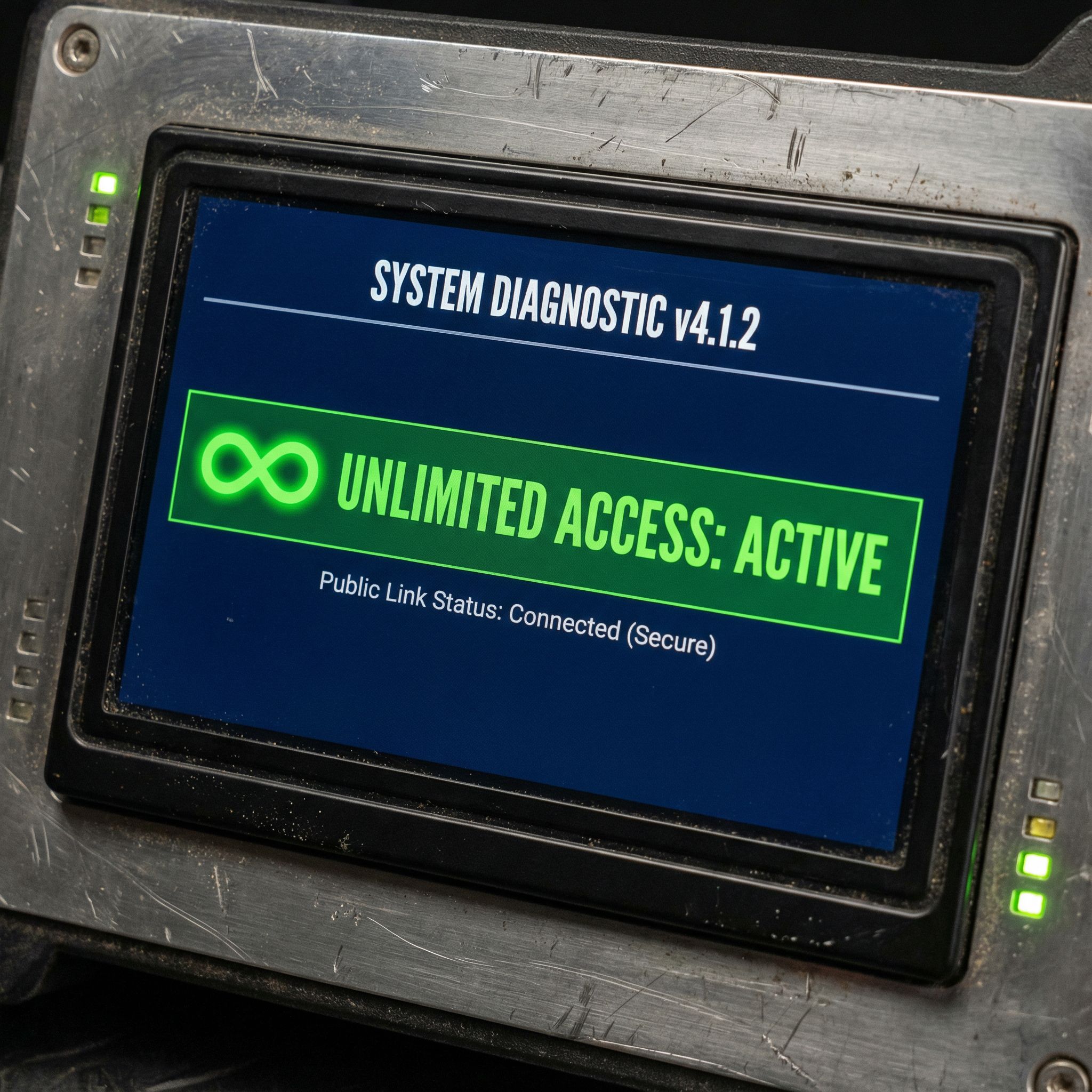 진단 화면에 무한대 기호와 함께 녹색의 '무제한 접속 활성화' 알림이 표시된 공개 링크 상태를 확인하는 모습이다.