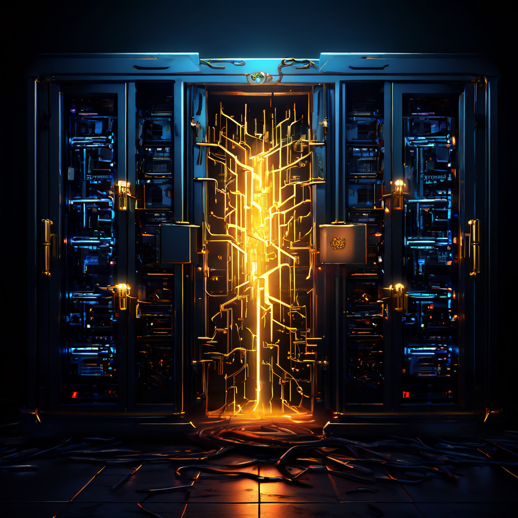 검은 금이 간 서버 랙에서 오싹하게 떠오르는 황금 열쇠와 함께 손상된 로그 파일로부터 데이터 오류가 유출되는 사이버 보안 위협 상황을 상징적으로 묘사한 이미지입니다.