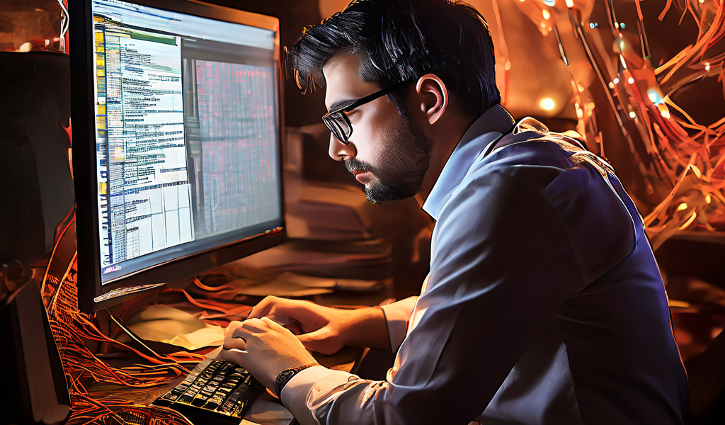 혼란스러워하는 IT 전문가가 타임스탬프가 뒤섞이고 중첩된 정리되지 않은 로그 파일이 표시된 컴퓨터 화면을 바라보고 있는 모습을 담은 이미지입니다.