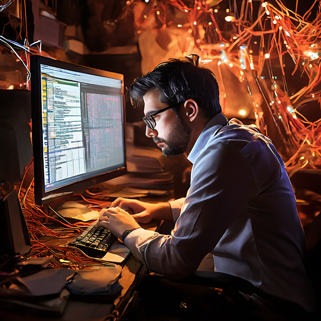 혼란스러워하는 IT 전문가가 타임스탬프가 뒤섞이고 중첩된 정리되지 않은 로그 파일이 표시된 컴퓨터 화면을 바라보고 있는 모습을 담은 이미지입니다.