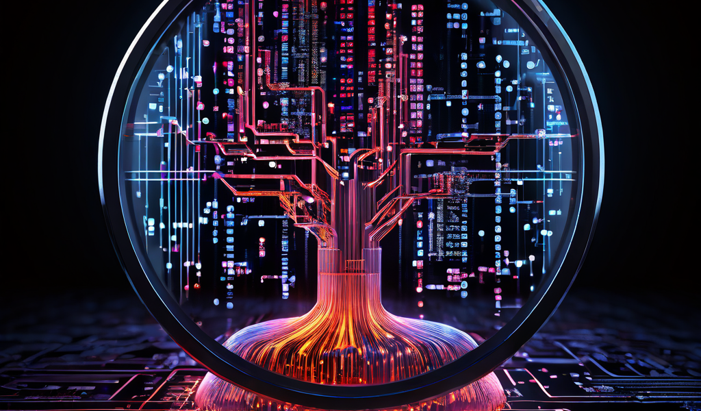 실시간 운영 중인 복잡한 시스템의 플로우차트에서 확대경이 서버 코드의 숨겨진 병목 현상을 정확히 찾아내고 있는 모습을 보여주는 이미지입니다.
