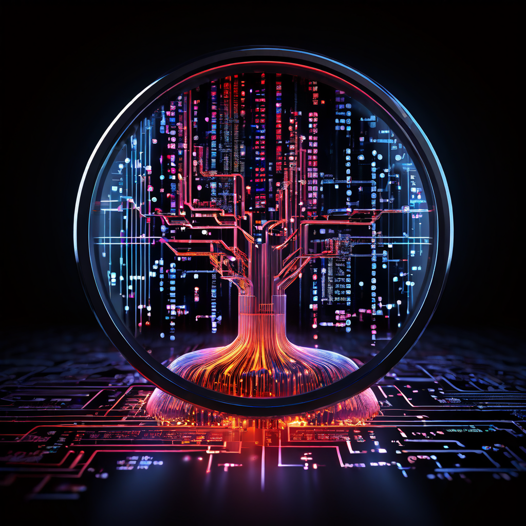 실시간 운영 중인 복잡한 시스템의 플로우차트에서 확대경이 서버 코드의 숨겨진 병목 현상을 정확히 찾아내고 있는 모습을 보여주는 이미지입니다.