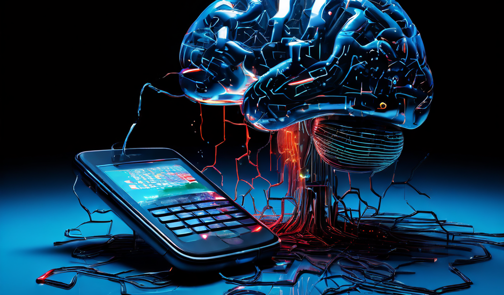 디지털 뇌에 연결된 고장난 수화기에서 이진 코드가 새어나오고 어두운 화면에 오류 메시지가 깜빡이는 사이버 고립감과 기술적 오작동을 상징하는 이미지입니다.