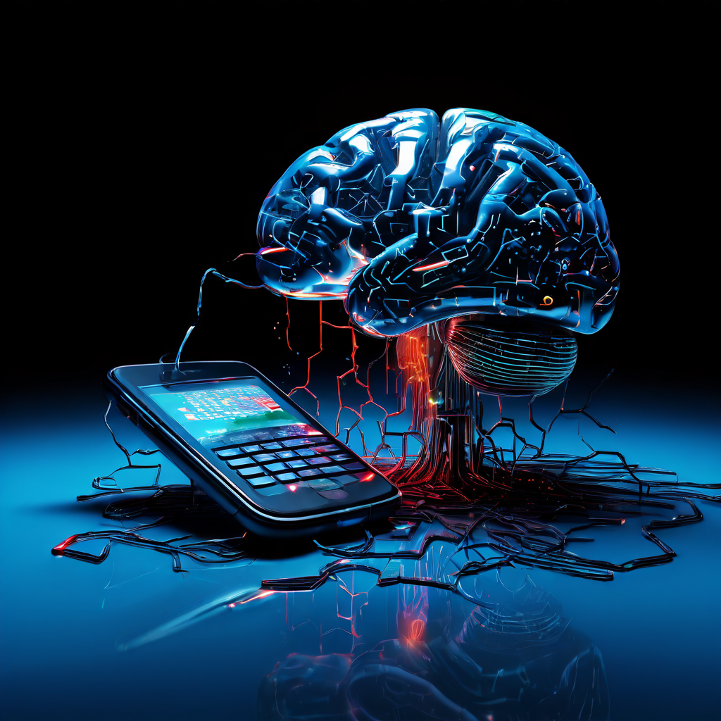 디지털 뇌에 연결된 고장난 수화기에서 이진 코드가 새어나오고 어두운 화면에 오류 메시지가 깜빡이는 사이버 고립감과 기술적 오작동을 상징하는 이미지입니다.