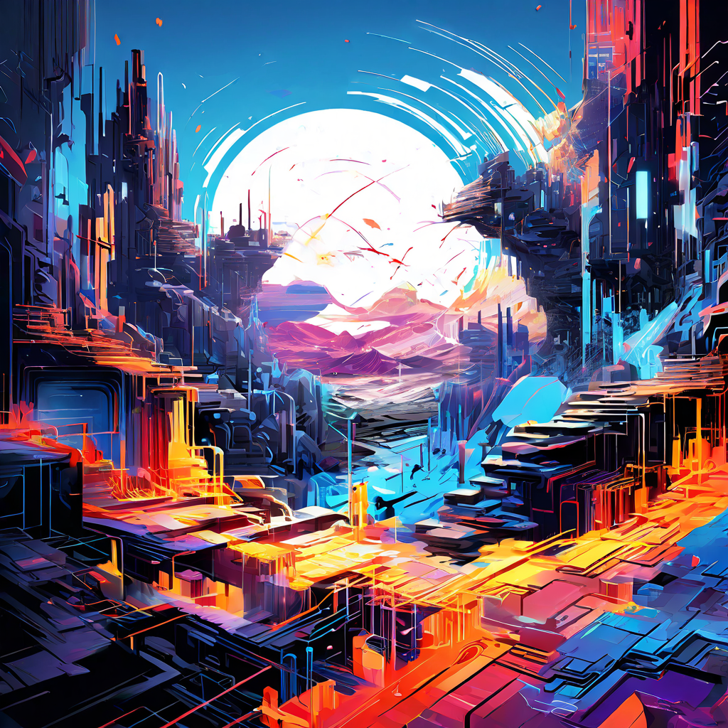 불안정한 디지털 시스템의 핵심에서 고장 난 기하학적 구조물들이 오작동하며 혼란스러운 에너지 아크를 발산하는 내부 결함 상황을 상징적으로 표현한 이미지입니다.