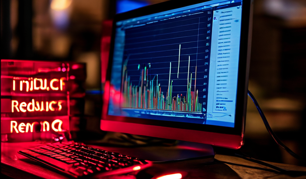 인덱스 재구성 작업이 50%에서 중단되어 타임아웃 오류가 발생했으며, 성능 그래프가 하락 추세를 보여주는 컴퓨터 화면을 나타냅니다.