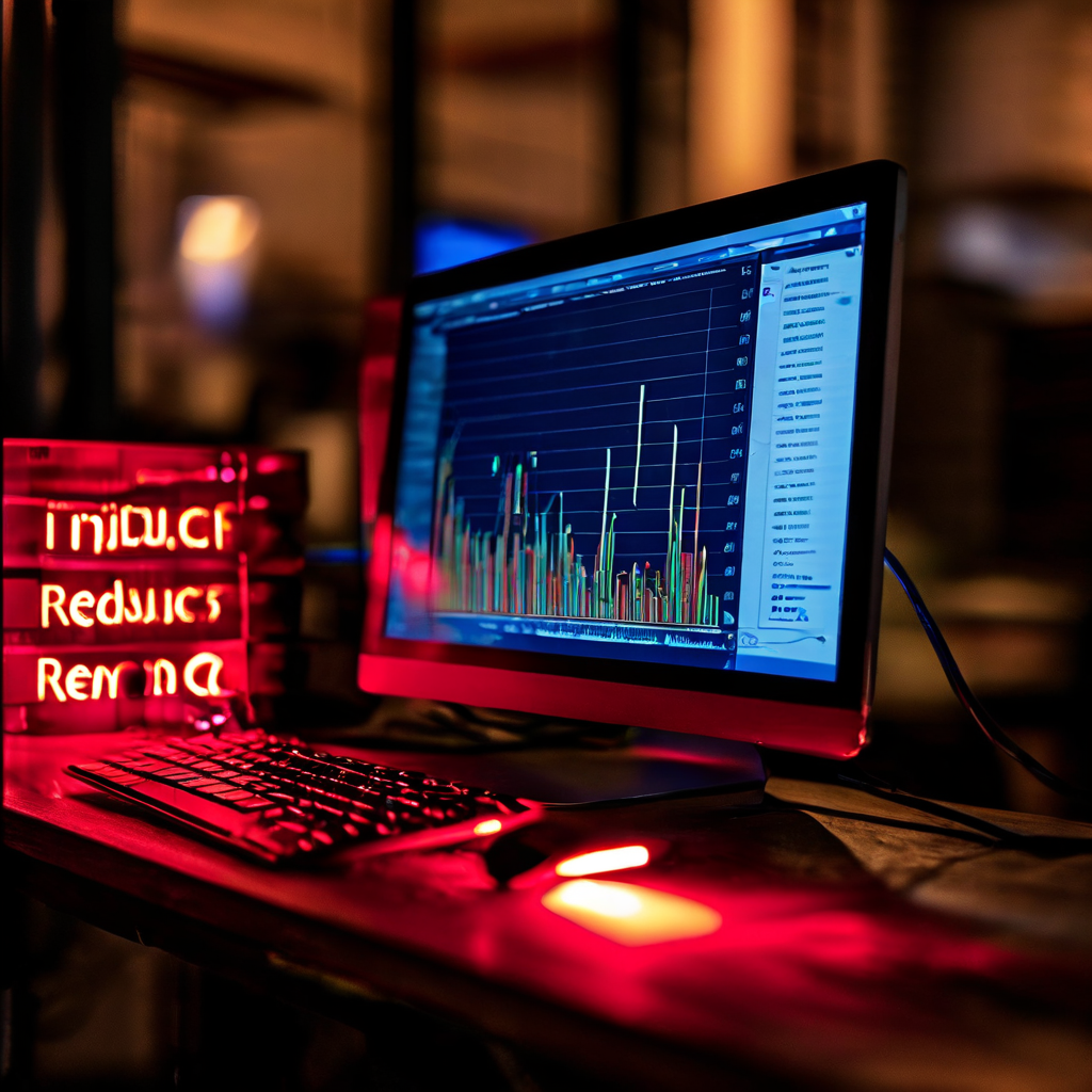 인덱스 재구성 작업이 50%에서 중단되어 타임아웃 오류가 발생했으며, 성능 그래프가 하락 추세를 보여주는 컴퓨터 화면을 나타냅니다.