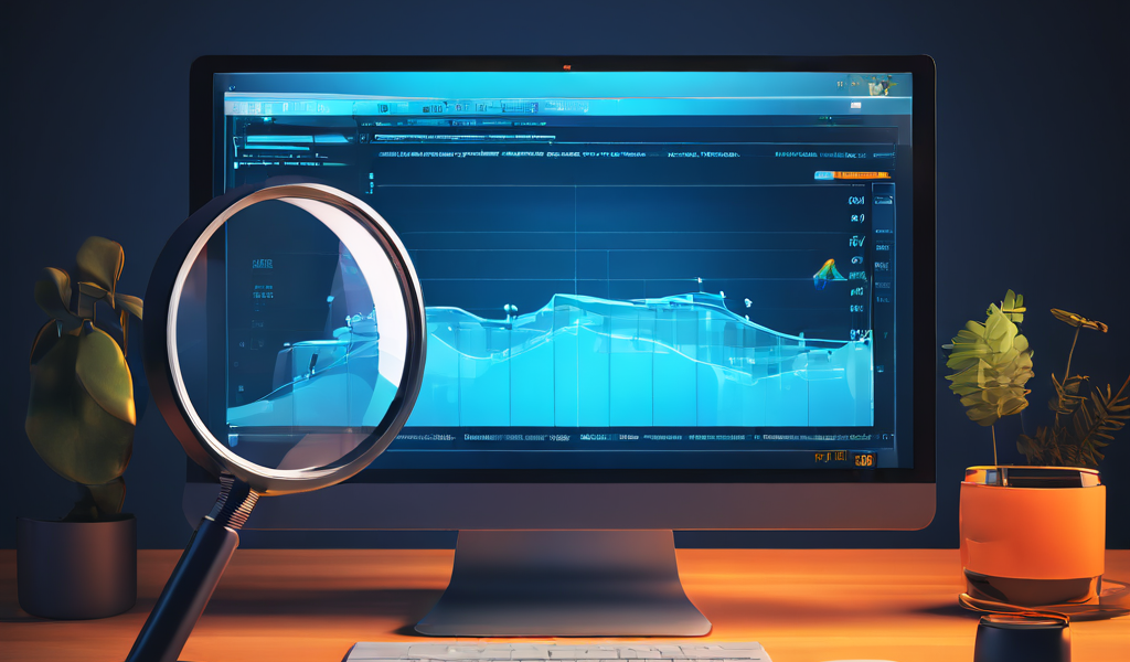 컴퓨터 화면에서 진행률 표시줄이 멈추거나 중복되어 나타나는 오류 현상을 확대경 아이콘이 살펴보는 모습으로, 소프트웨어 문제 증상을 조사하고 진단하는 과정을 상징적으로 묘사합니다.