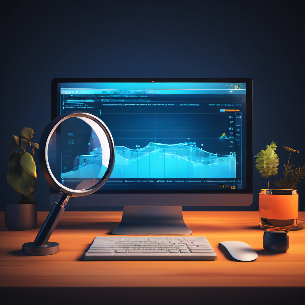 컴퓨터 화면에서 진행률 표시줄이 멈추거나 중복되어 나타나는 오류 현상을 확대경 아이콘이 살펴보는 모습으로, 소프트웨어 문제 증상을 조사하고 진단하는 과정을 상징적으로 묘사합니다.