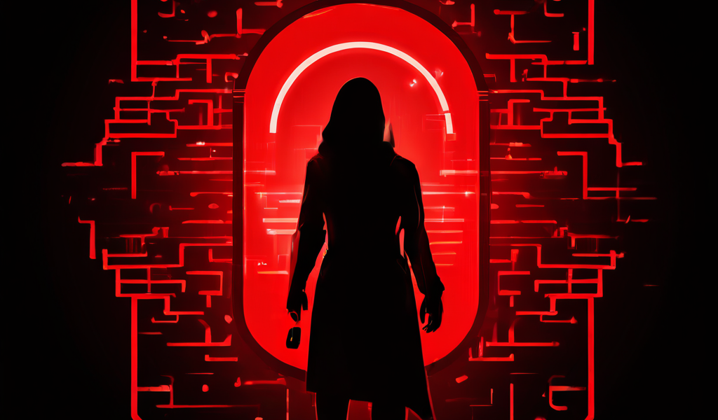 비밀번호 재설정 과정에서 무단 접근을 시도하는 그림자 같은 인물과 경고 표시가 있는 디지털 자물쇠 아이콘으로, 사이버 보안 위협과 계정 보호의 중요성을 상징적으로 표현한 이미지입니다.