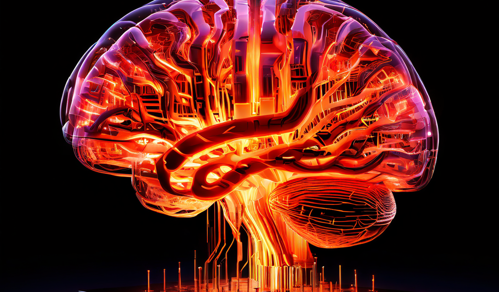 성능 저하를 분석하는 디지털 뇌가 자신의 복잡한 신경망을 점등과 소등을 반복하며 진단하는 인공지능 시스템 개념을 시각화한 이미지입니다.