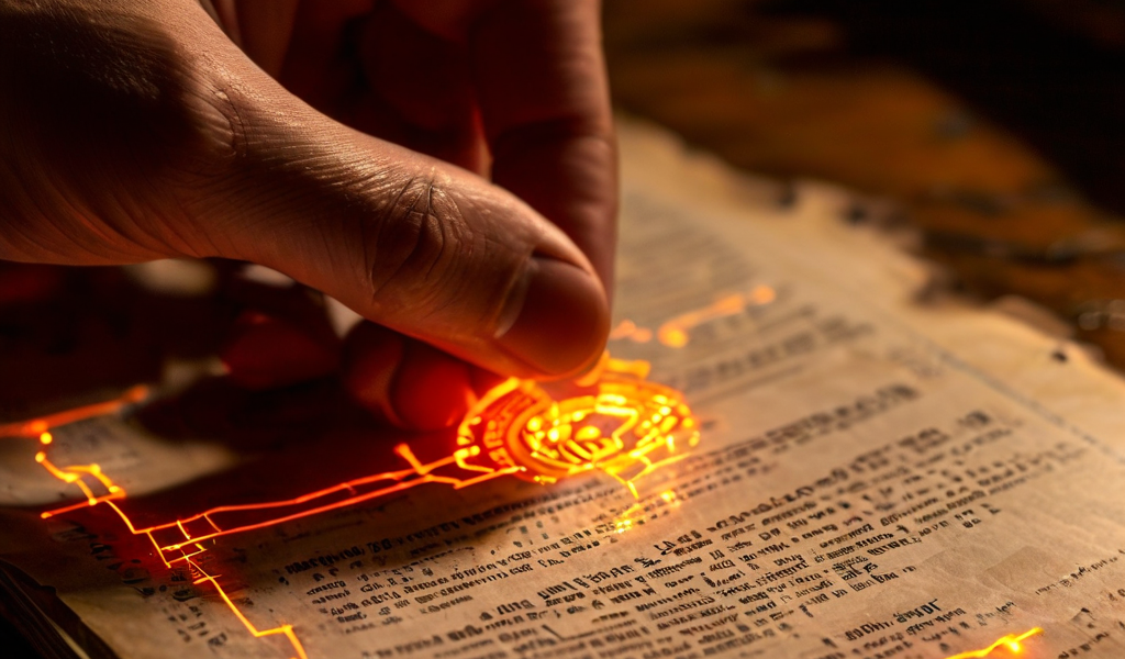 디지털 자산의 소유권을 블록체인 네트워크 상에서 고유 지문과 연결하여 투명하게 추적하는 과정을 시각적으로 표현한 개념도입니다.