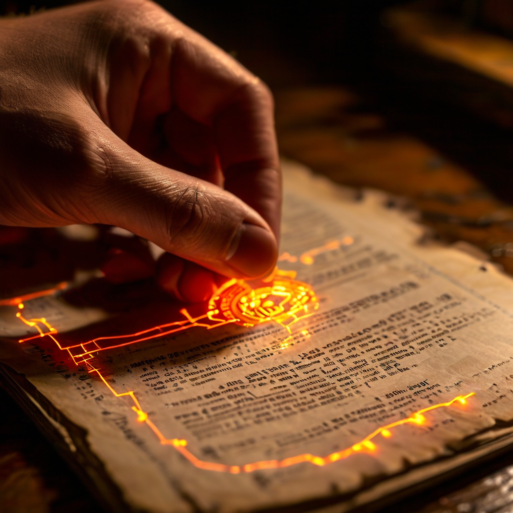 디지털 자산의 소유권을 블록체인 네트워크 상에서 고유 지문과 연결하여 투명하게 추적하는 과정을 시각적으로 표현한 개념도입니다.