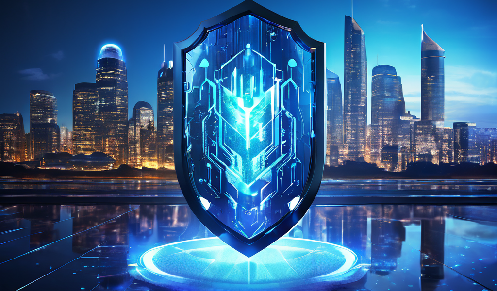 보안이 성장과 혁신의 기반이 된다는 개념을 상징적으로 표현한 이미지로, 빛나는 데이터 코어를 보호하는 방패와 그 표면에 반사된 번영하는 현대적 도시 풍경을 담고 있습니다.
