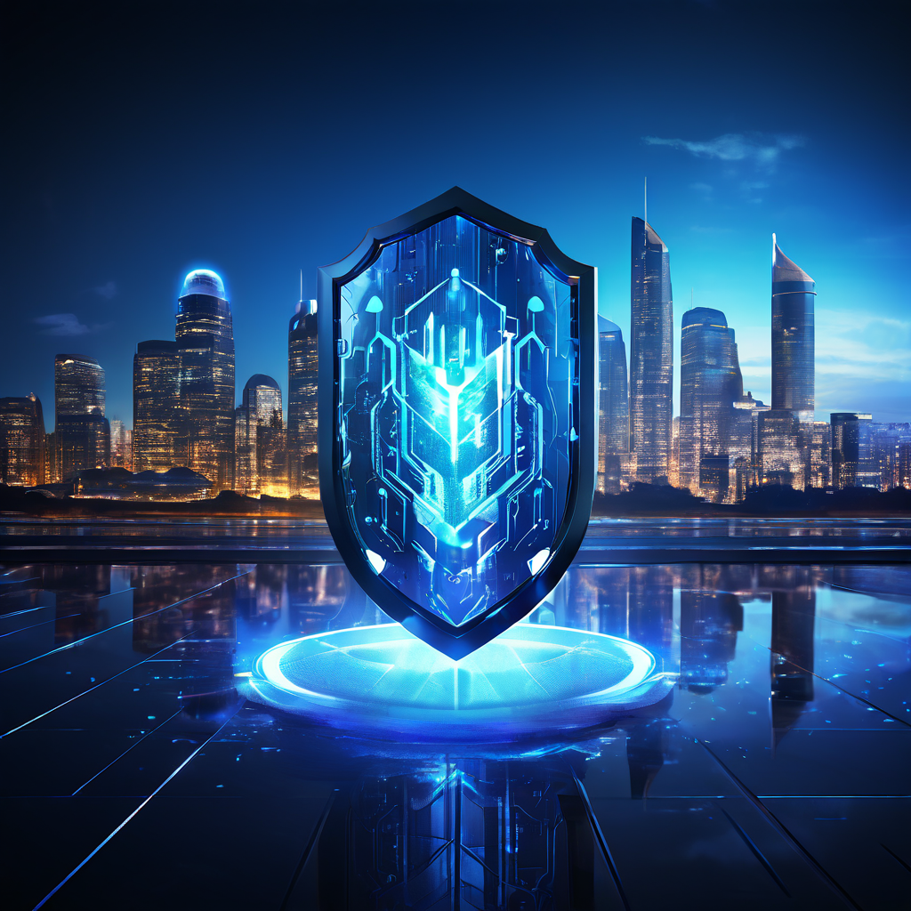 보안이 성장과 혁신의 기반이 된다는 개념을 상징적으로 표현한 이미지로, 빛나는 데이터 코어를 보호하는 방패와 그 표면에 반사된 번영하는 현대적 도시 풍경을 담고 있습니다.