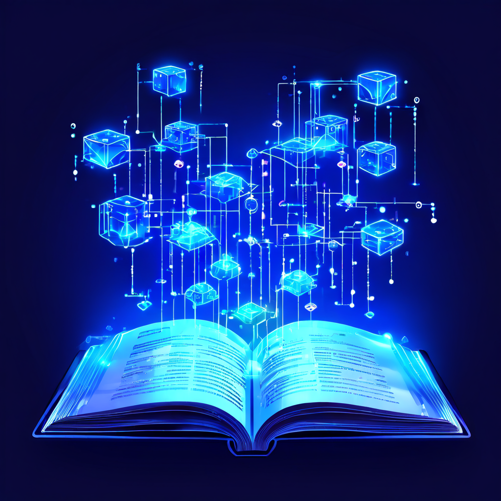 블록체인 원장의 페이지가 재구성되는 과정을 시각적으로 표현한 이미지로, 핵심에는 빛나는 합의 메커니즘이 안정적인 분산 네트워크 운영을 상징합니다.