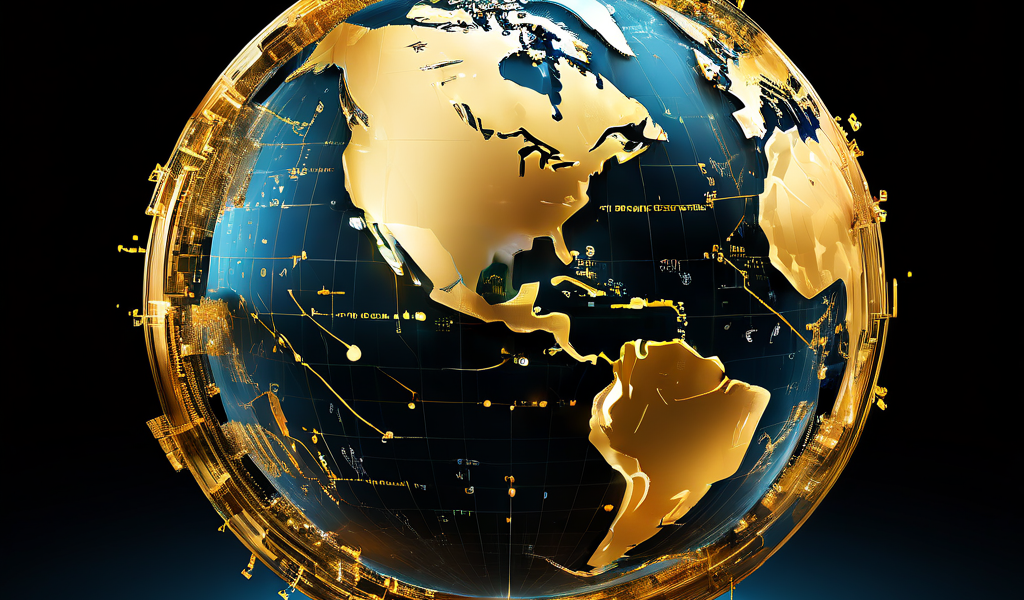 전통 금융 그래프와 데이터 흐름에 반쯤 녹아들어 유기적으로 연결된 블록체인 코드로 표현된 디지털 지구가 블록체인과 전통 금융의 융합을 상징적으로 보여주는 이미지입니다.