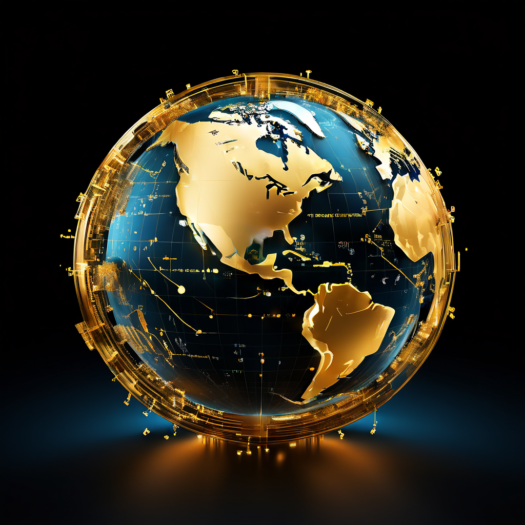 전통 금융 그래프와 데이터 흐름에 반쯤 녹아들어 유기적으로 연결된 블록체인 코드로 표현된 디지털 지구가 블록체인과 전통 금융의 융합을 상징적으로 보여주는 이미지입니다.