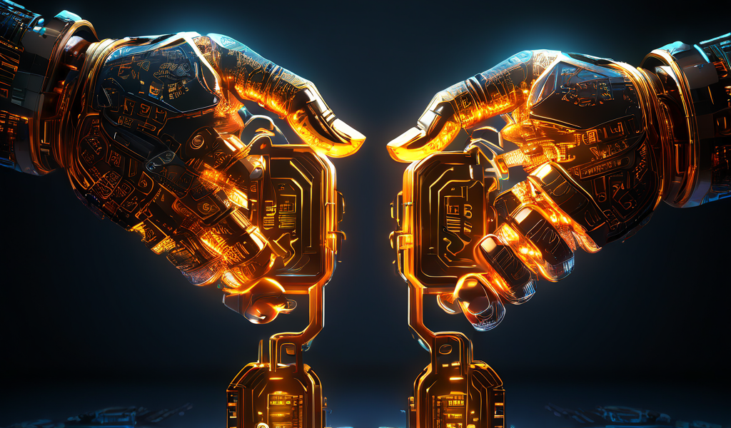 두 개의 컴퓨터 노드가 복잡한 자물쇠와 열쇠 메커니즘을 통해 안전한 암호화 연결을 형성하며 디지털 악수를 나누는 모습을 상징적으로 표현한 이미지입니다.