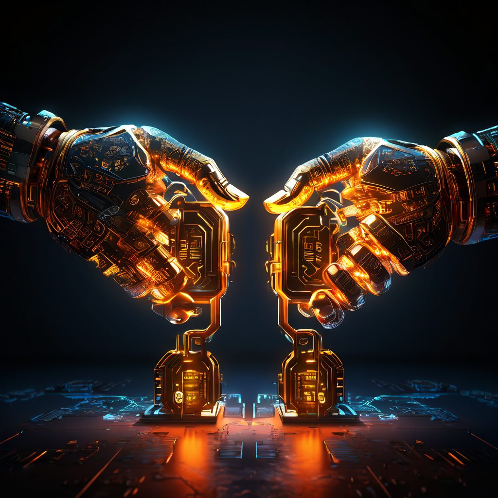 두 개의 컴퓨터 노드가 복잡한 자물쇠와 열쇠 메커니즘을 통해 안전한 암호화 연결을 형성하며 디지털 악수를 나누는 모습을 상징적으로 표현한 이미지입니다.