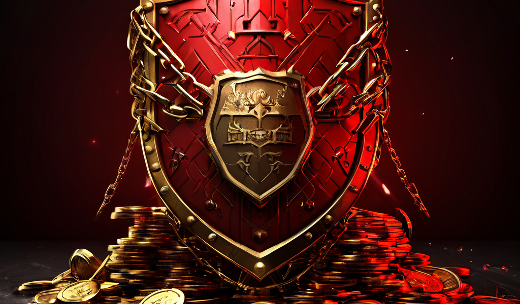 마케팅 예산을 나타내는 금화 더미를 해킹과 보안 위협으로부터 보호하는 방패를 상징적으로 표현한 디지털 보안 개념 이미지입니다.