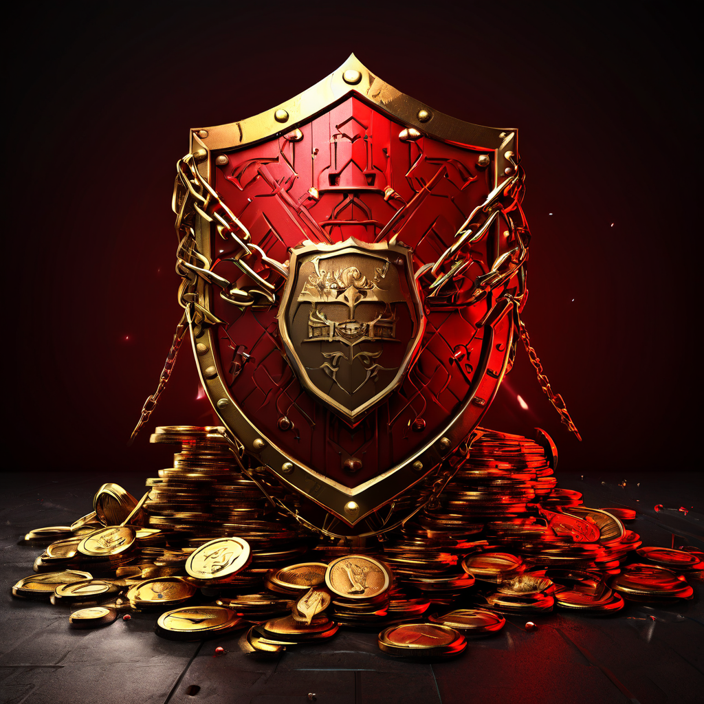 마케팅 예산을 나타내는 금화 더미를 해킹과 보안 위협으로부터 보호하는 방패를 상징적으로 표현한 디지털 보안 개념 이미지입니다.