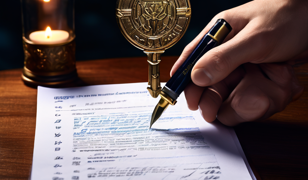 디지털 키가 문서에 서명을 하면서 발신자의 신원을 동시에 확인하고 위조 불가능한 도장을 생성하는 이중 보안 과정을 개념적으로 보여주는 이미지입니다.