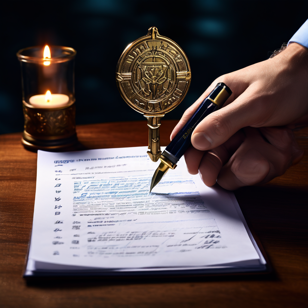 디지털 키가 문서에 서명을 하면서 발신자의 신원을 동시에 확인하고 위조 불가능한 도장을 생성하는 이중 보안 과정을 개념적으로 보여주는 이미지입니다.