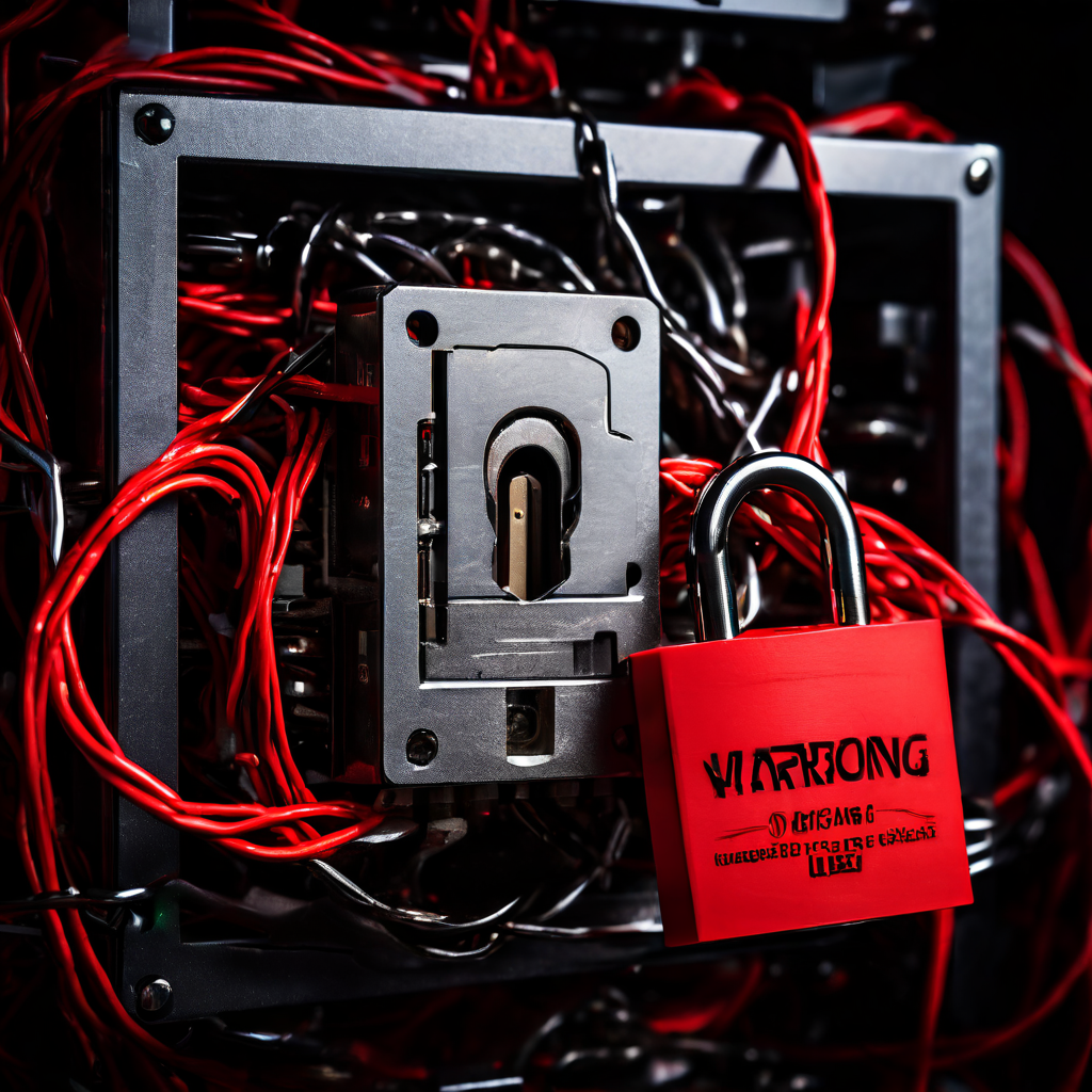 데이터 보안 위험을 상징하는 깨진 디지털 자물쇠와 빨간 경고 표시가 서버 장비와 엉킨 케이블 위에 겹쳐져 있는 모습을 클로즈업한 이미지입니다.