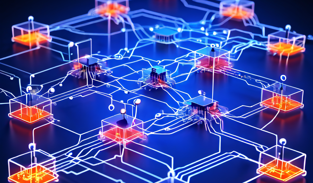 금융 거래 네트워크 핵심 구조를 시각화한 다이어그램으로, 상호 연결된 금융 노드와 허브 사이를 회로처럼 빛나는 거래 데이터가 흐르는 모습을 보여줍니다.
