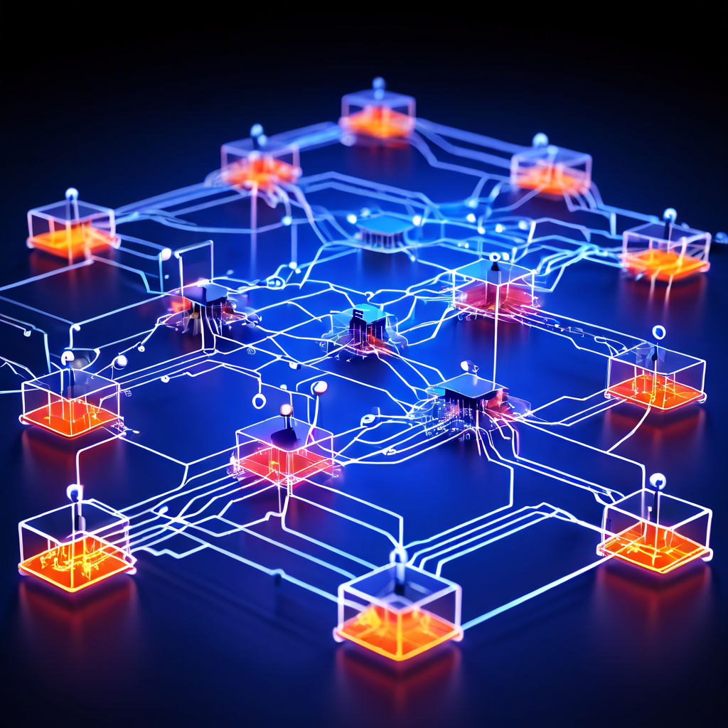 금융 거래 네트워크 핵심 구조를 시각화한 다이어그램으로, 상호 연결된 금융 노드와 허브 사이를 회로처럼 빛나는 거래 데이터가 흐르는 모습을 보여줍니다.