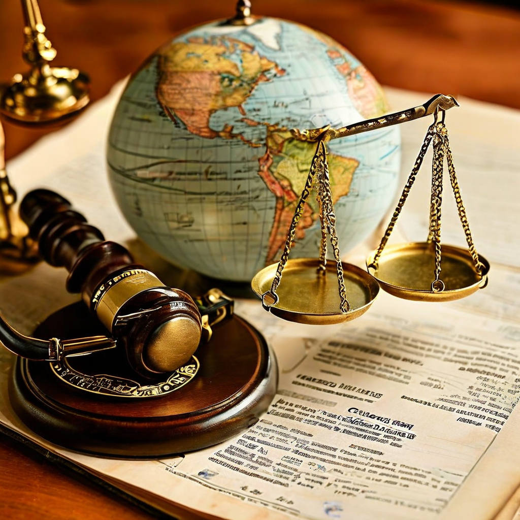 여행자 규정 법률 문서의 주요 항목인 적용 대상 및 준수 기준이 강조되어 있고, 국제적 범위를 상징하는 지구본과 공정성을 의미하는 저울이 함께 배치된 이미지입니다.