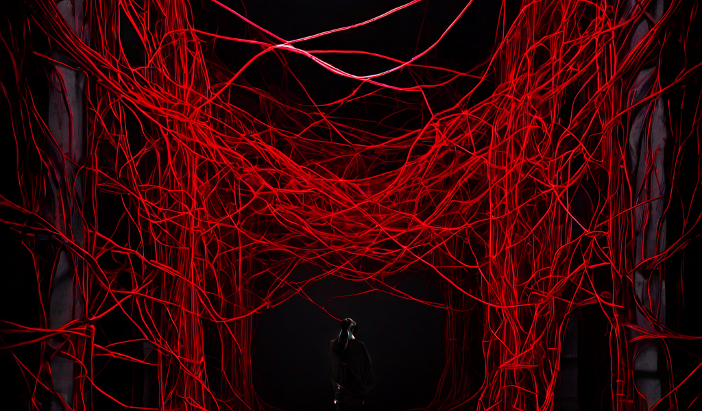 복잡한 절차와 비효율성으로 막힌 불투명한 유통 경로의 얽힘을 어둡고 관료적인 분위기 속에서 보여주는 이미지입니다.