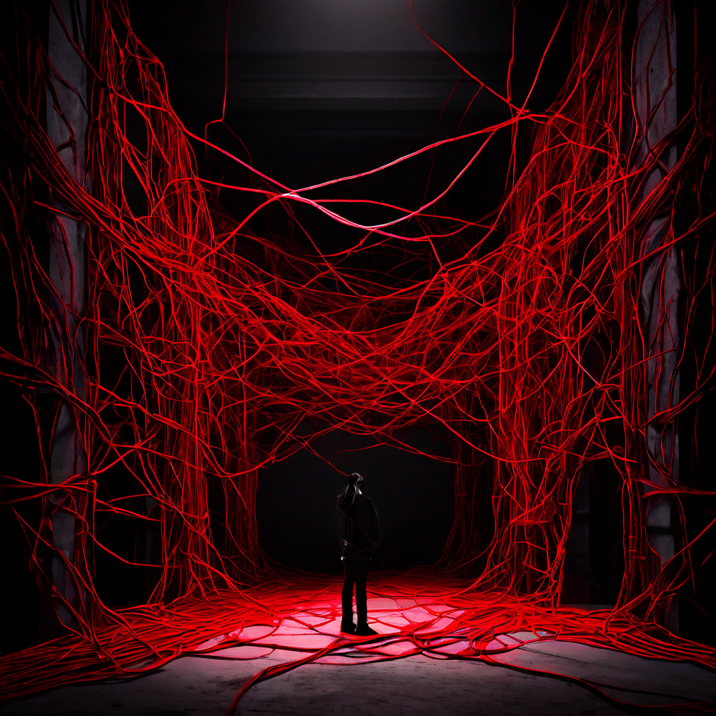 복잡한 절차와 비효율성으로 막힌 불투명한 유통 경로의 얽힘을 어둡고 관료적인 분위기 속에서 보여주는 이미지입니다.