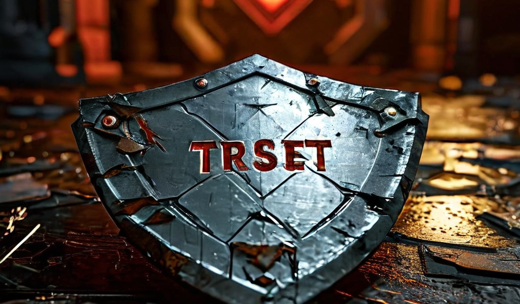 서버실 바닥에 방치된 '신뢰' 문양이 바랜 금이 간 방패와 배경의 희미한 경고등이 사이버 보안 위반과 데이터 무결성 상실의 심각성을 상징적으로 보여줍니다.