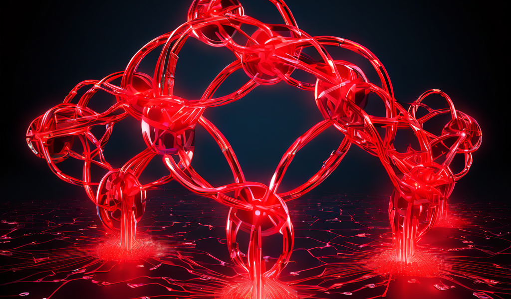 블록체인 네트워크와 기존 데이터베이스 간의 호환되지 않는 데이터 흐름과 연결 오류를 경고 심볼로 강조하여 두 시스템의 통합 문제를 시각화한 개념도입니다.