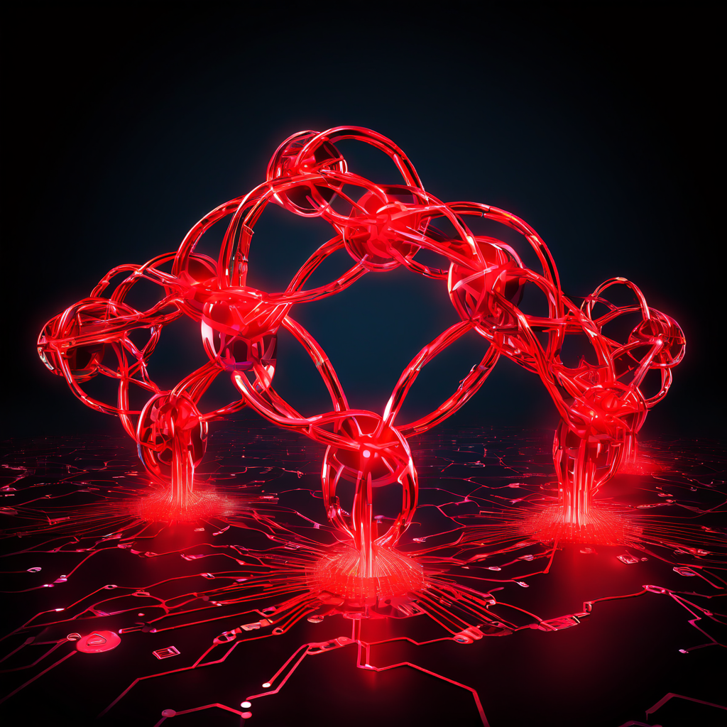 블록체인 네트워크와 기존 데이터베이스 간의 호환되지 않는 데이터 흐름과 연결 오류를 경고 심볼로 강조하여 두 시스템의 통합 문제를 시각화한 개념도입니다.