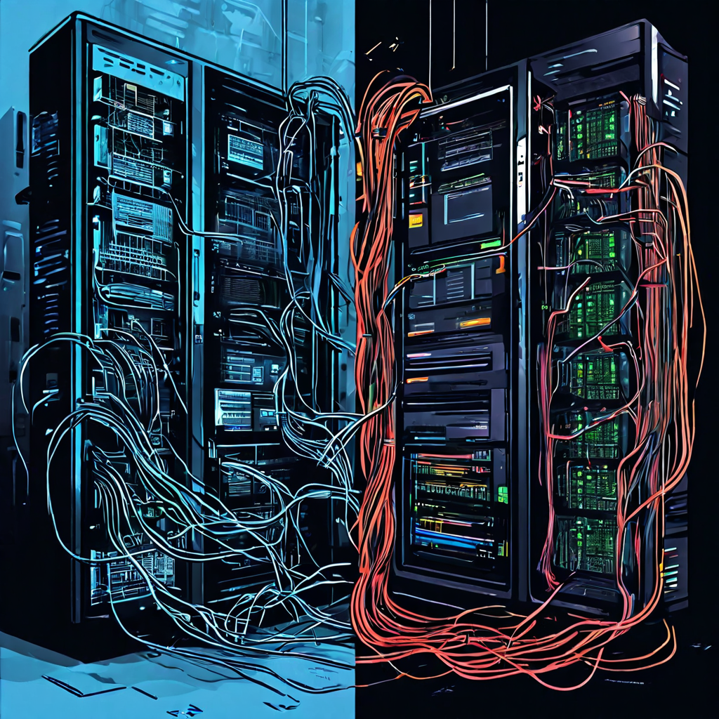 디지털 전환의 대비를 보여주는 스플릿 스크린 일러스트로, 왼쪽에는 태블릿의 현대적 소프트웨어와 오른쪽의 복잡한 서버 랙과 낡은 선들이 대조를 이루며 IT 인프라 발전 과정을 설명합니다.