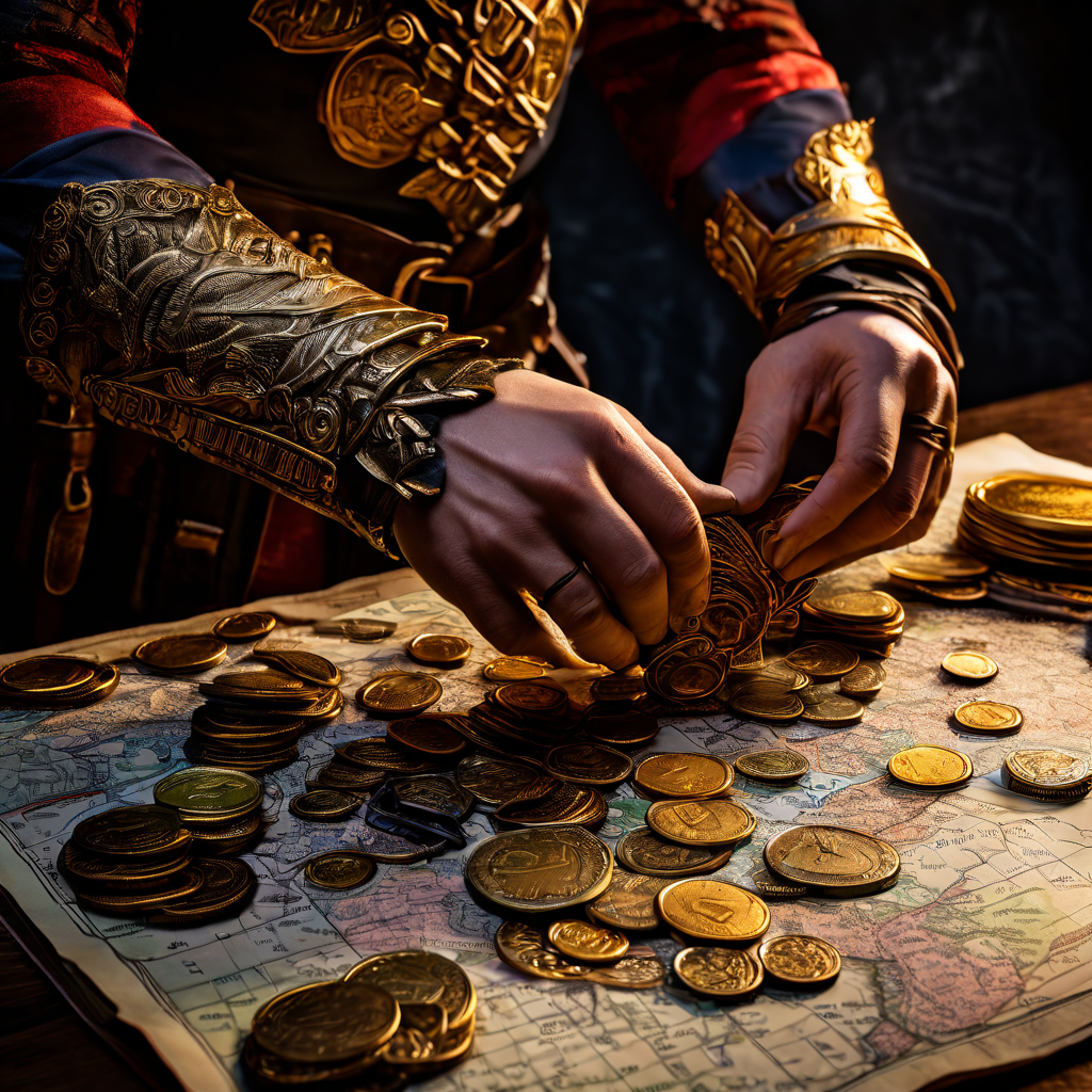 승리를 거둔 전사의 손이 열린 지갑을 들고 있으며, 지갑에서 흘러나온 전략적 전투 계획서와 금화들이 정교한 전장 지도 위로 쏟아져 내리는 모습을 담은 이미지입니다.