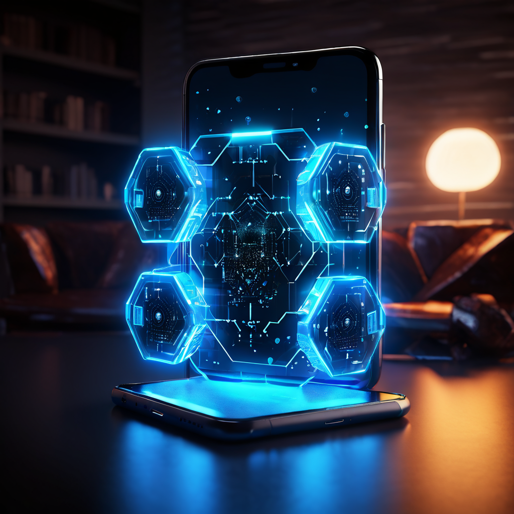 일상 속 강력한 개인정보 보호 기술을 상징하는 디지털 육각형 방패가 스마트폰과 스마트홈 기기들을 보호하고 있는 모습을 보여주는 이미지입니다.