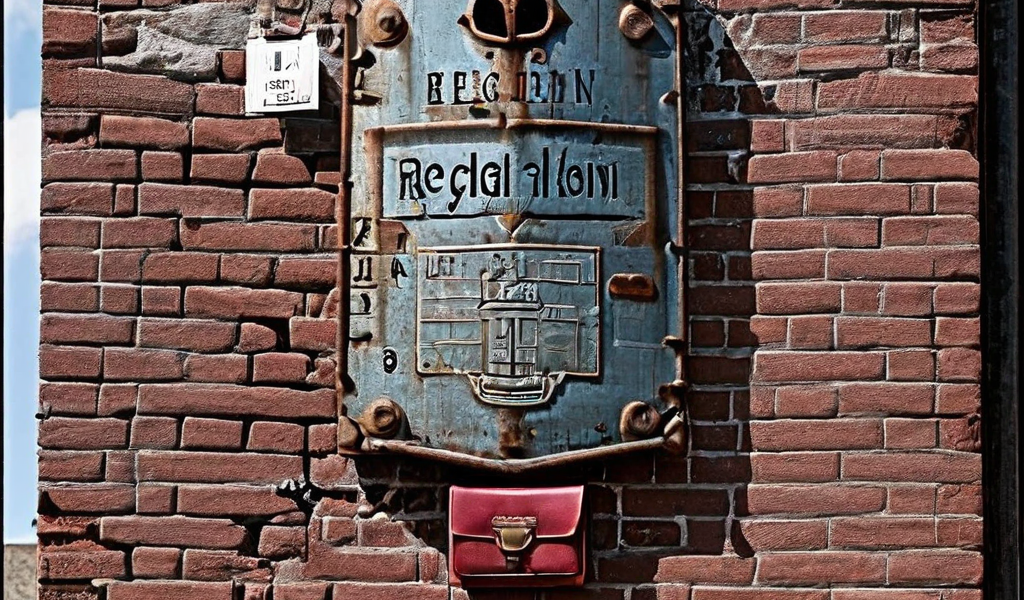 규제라는 벽돌 담장에 갇힌 지갑이 법률의 위협을 받는 모습을, 체크리스트 방패가 이를 보호하는 것을 상징적으로 보여주는 이미지입니다.