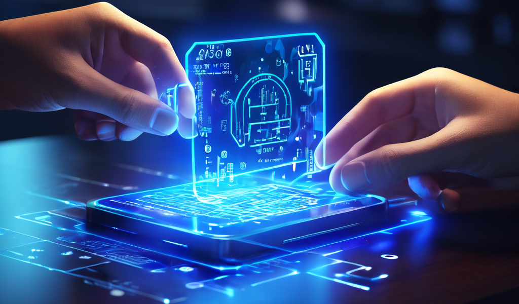 수수료 지불 기술의 핵심을 상징하는 투명한 보조 키가 발광하는 디지털 거래를 후원 및 서명하는 과정을 개념적으로 표현한 이미지입니다.