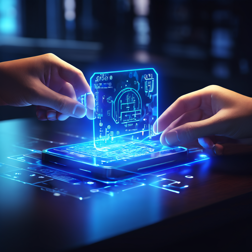 수수료 지불 기술의 핵심을 상징하는 투명한 보조 키가 발광하는 디지털 거래를 후원 및 서명하는 과정을 개념적으로 표현한 이미지입니다.