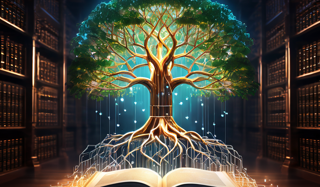 블록체인 기술로 기록을 보호하는 핵심 개념을 상징적으로 표현한 이미지로, 빛나는 블록체인 연결 고리가 뿌리 역할을 하는 디지털 나무가 첨단 금고 안에 떠 있는 기록의 책을 안전하게 고정하고 있습니다.