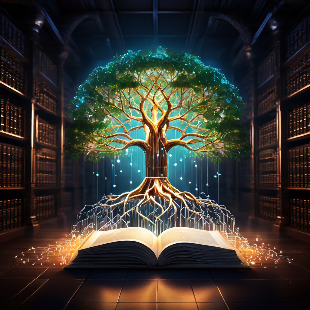 블록체인 기술로 기록을 보호하는 핵심 개념을 상징적으로 표현한 이미지로, 빛나는 블록체인 연결 고리가 뿌리 역할을 하는 디지털 나무가 첨단 금고 안에 떠 있는 기록의 책을 안전하게 고정하고 있습니다.