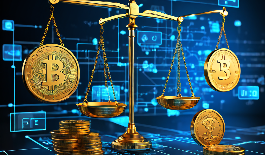 블록체인 네트워크를 배경으로 공급과 수요가 표시된 디지털 코인을 양쪽에 올린 저울이 균형을 이루며, 그 사이로 거래 수수료가 흐르는 모습을 상징적으로 표현한 이미지입니다.