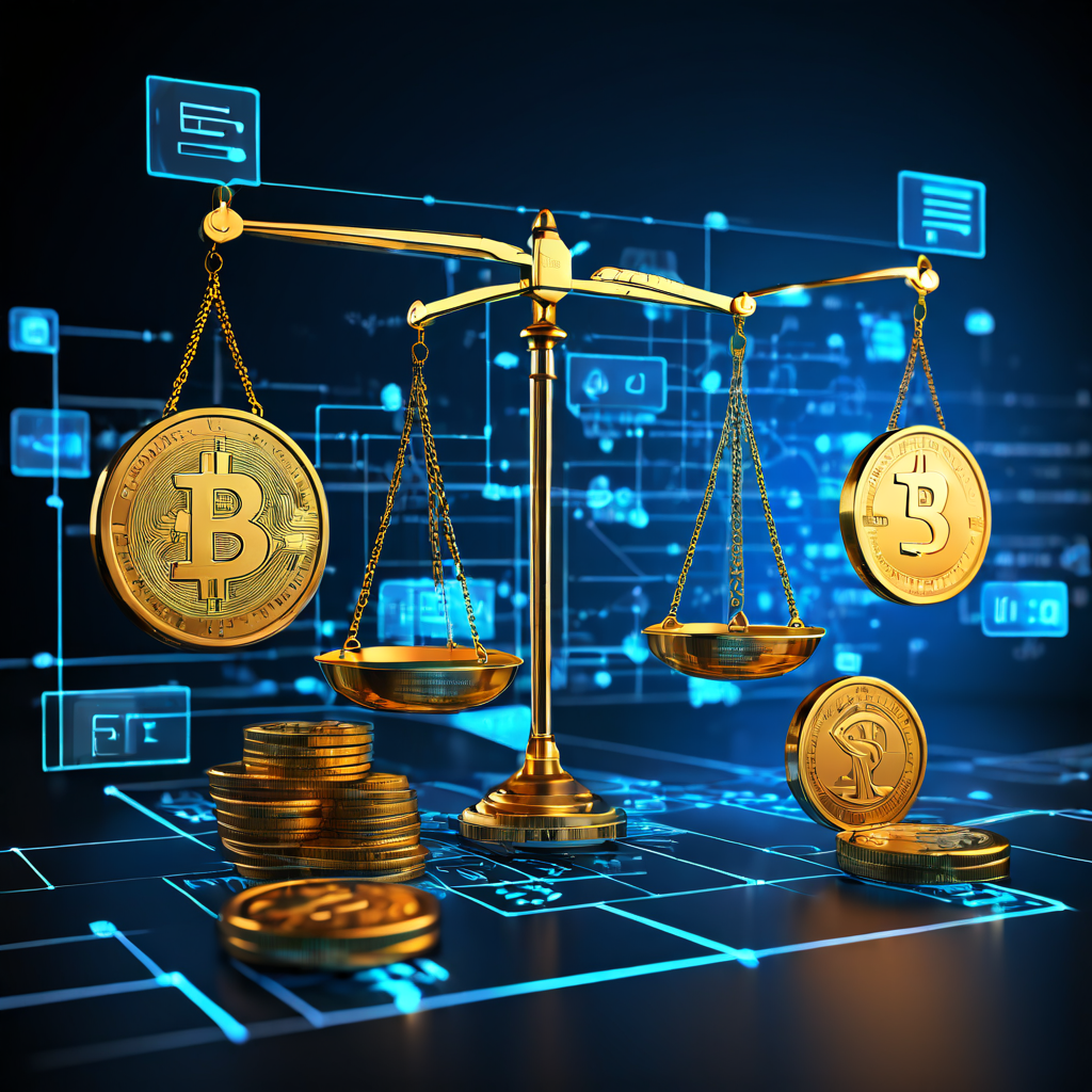 블록체인 네트워크를 배경으로 공급과 수요가 표시된 디지털 코인을 양쪽에 올린 저울이 균형을 이루며, 그 사이로 거래 수수료가 흐르는 모습을 상징적으로 표현한 이미지입니다.